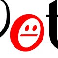 an italicized red letter O with an unimpressed smiley face inside