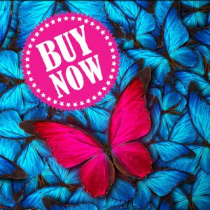 A pink butterfly set against a backdrop of blue butterflies with a pink "Buy Now" sticker added by the author to promote the optimistic science fiction compendium Nevertheless (Tesseracts Twenty-One) from EDGE Publishing edited by Rhonda Parrish and Greg Bechtel