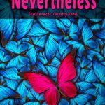 A pink butterfly nestles within a crowd of blue butterflies on the cover of the pink-titled Nevertheless (Tesseracts Twenty-One) book