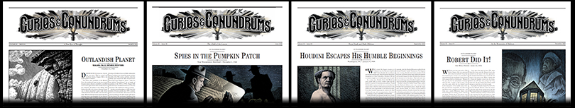 The four covers of volume 3 of Curios and Conundrums from the Mysterious Package Company